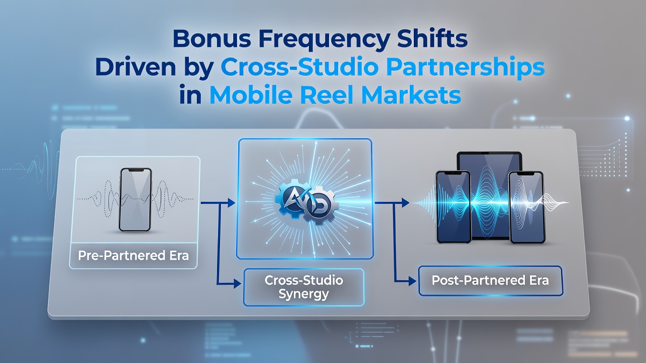 Mobile reel interfaces displaying synchronized bonus indicators from multiple studio partnerships
