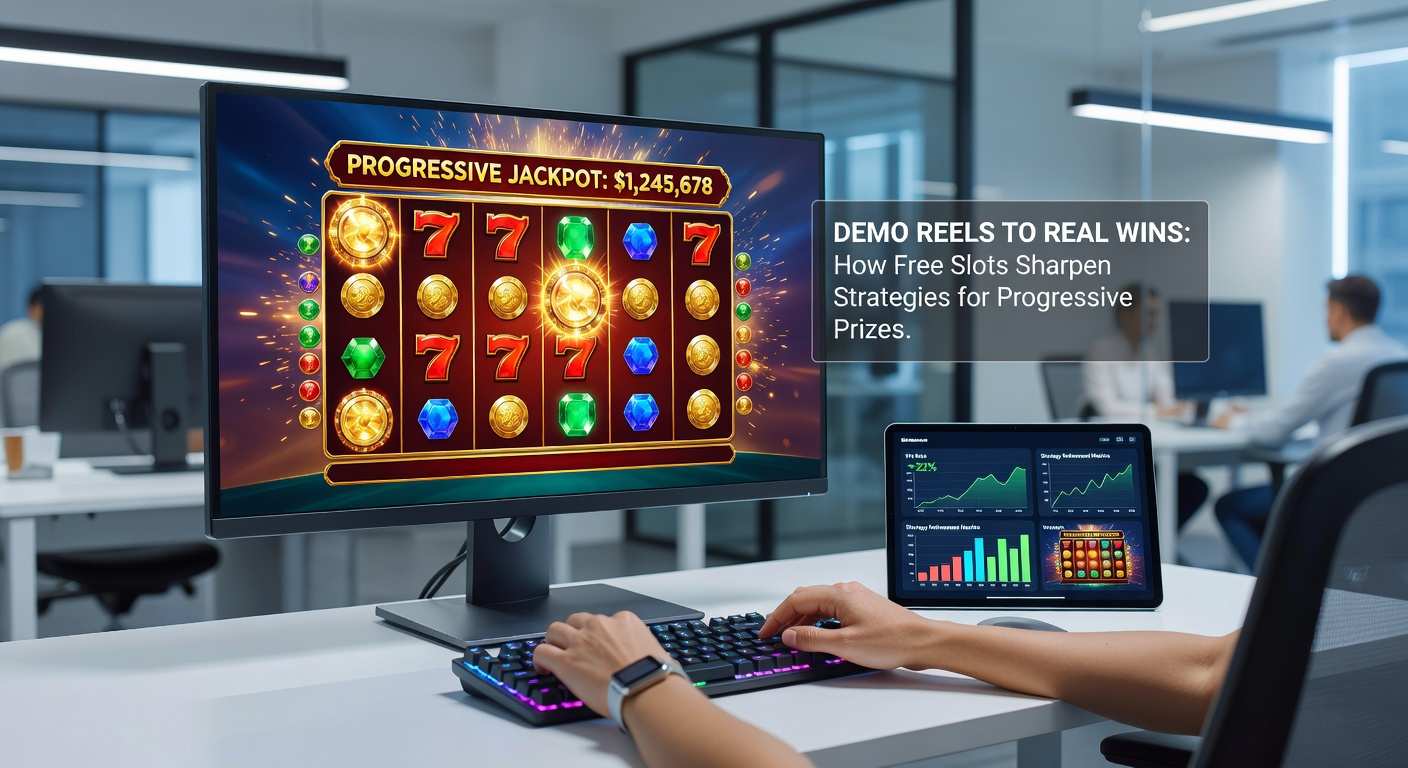 Player at a laptop analyzing slot charts with demo results overlaid on a progressive jackpot screenshot
