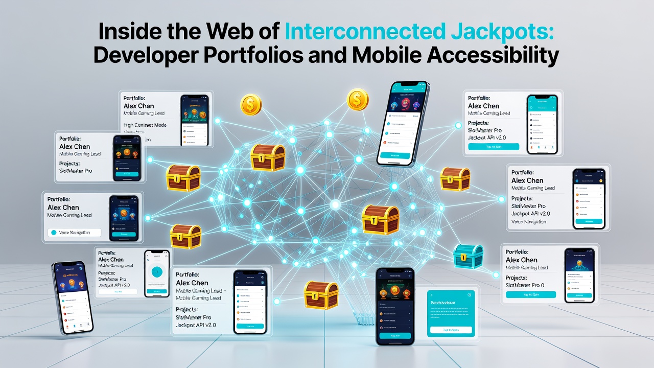 Mobile phone screen displaying interconnected jackpot meters from several developer titles side by side