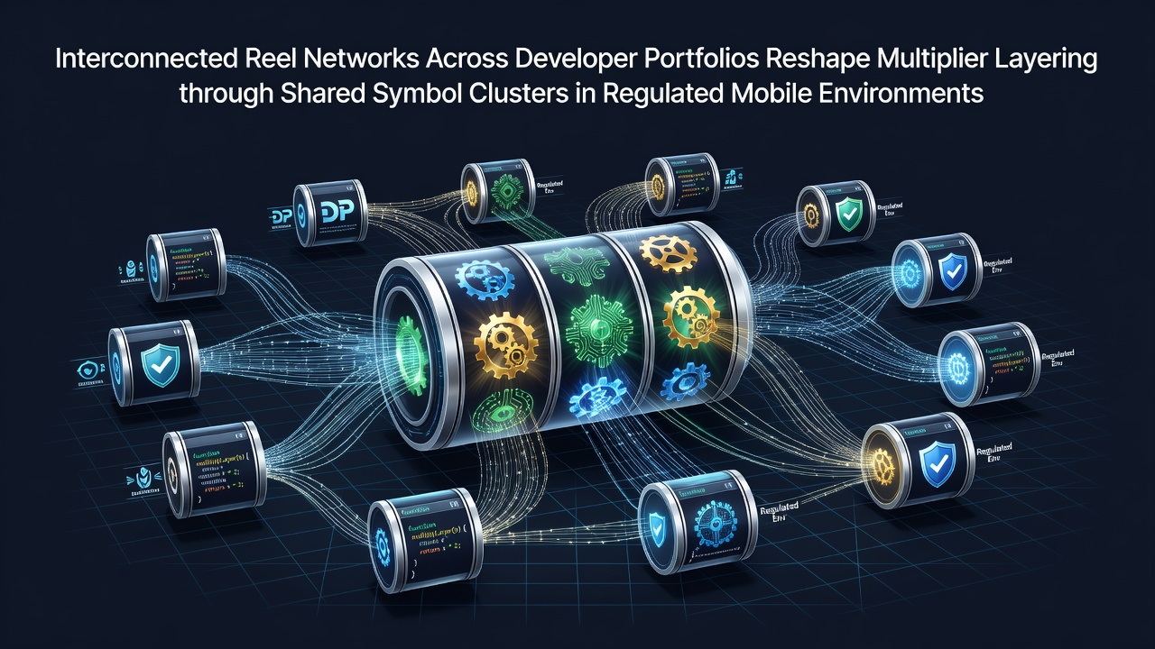 Interconnected reel networks showing shared symbol clusters across multiple developer portfolios in a mobile gaming interface