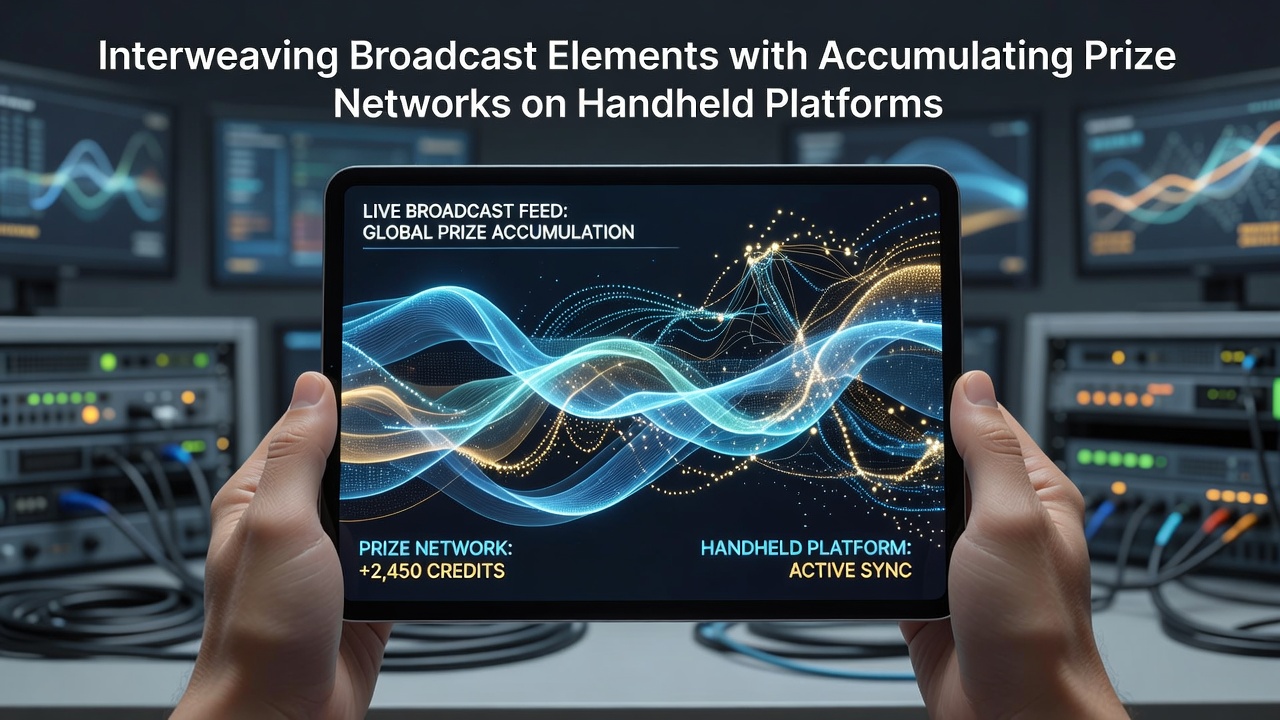 Illustration of live broadcast feeds merging with mobile prize network interfaces on handheld screens