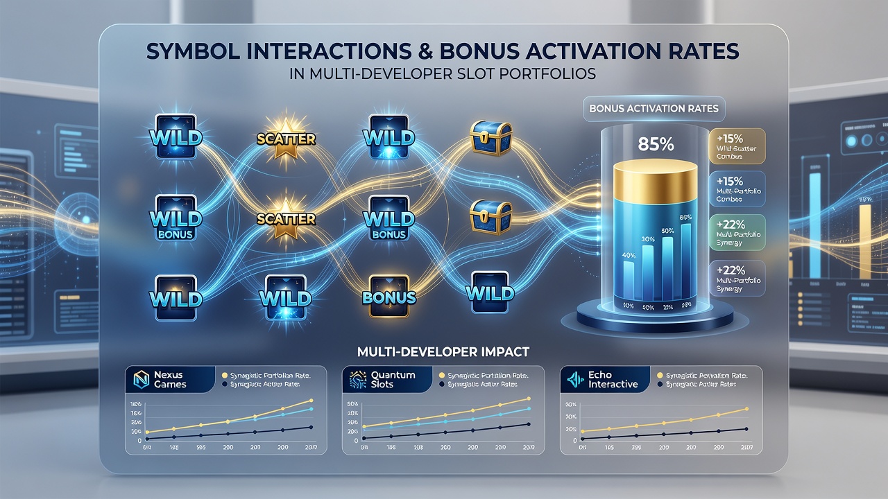 Infographic showing statistical relationships between symbol clusters and bonus activation percentages in diverse slot libraries
