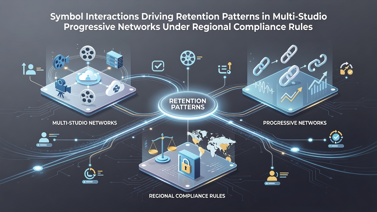 Network diagram showing symbol interactions across multiple game studios in a progressive jackpot system with compliance checkpoints
