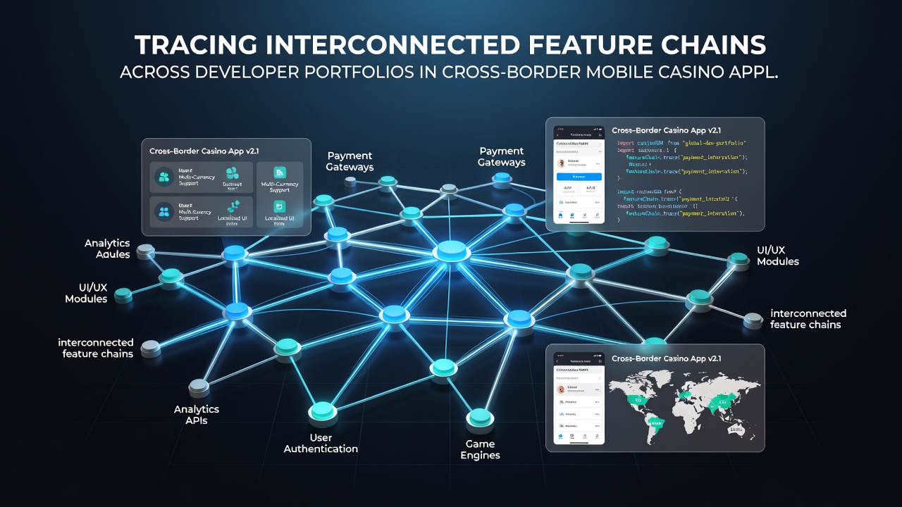 Flowchart illustrating feature chain tracing between mobile casino developers operating across international borders