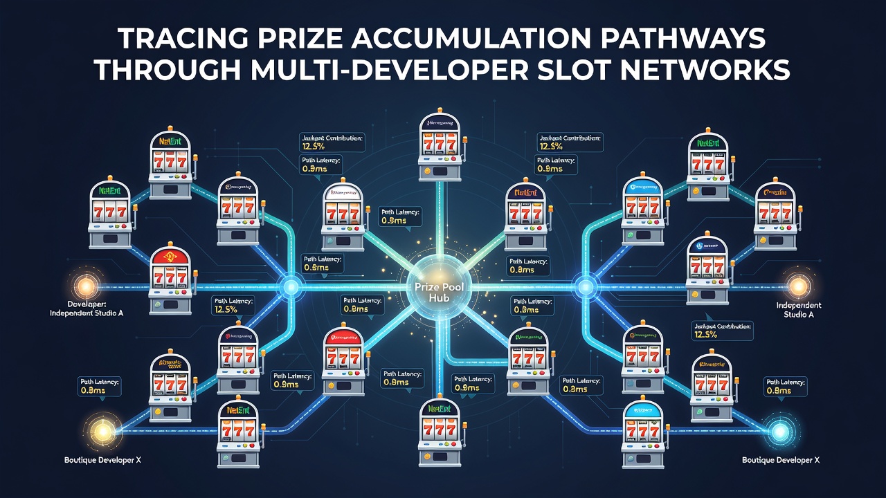 Network diagram showing prize accumulation routes across slot games from various developers
